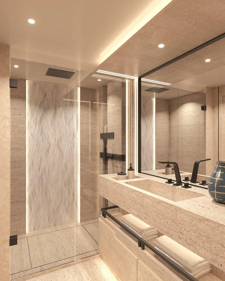 The yacht's bathroom features modern fixtures and a spacious shower area with elegant lighting. aboard NUVOLARI LENARD 52 PLUS Yacht for Sale