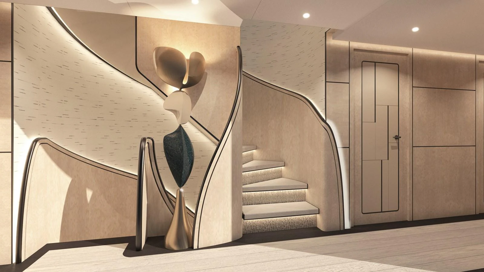 The yacht's interior features a modern and artistic staircase with elegant lighting and contemporary decor. aboard NUVOLARI LENARD 52 PLUS Yacht for Sale