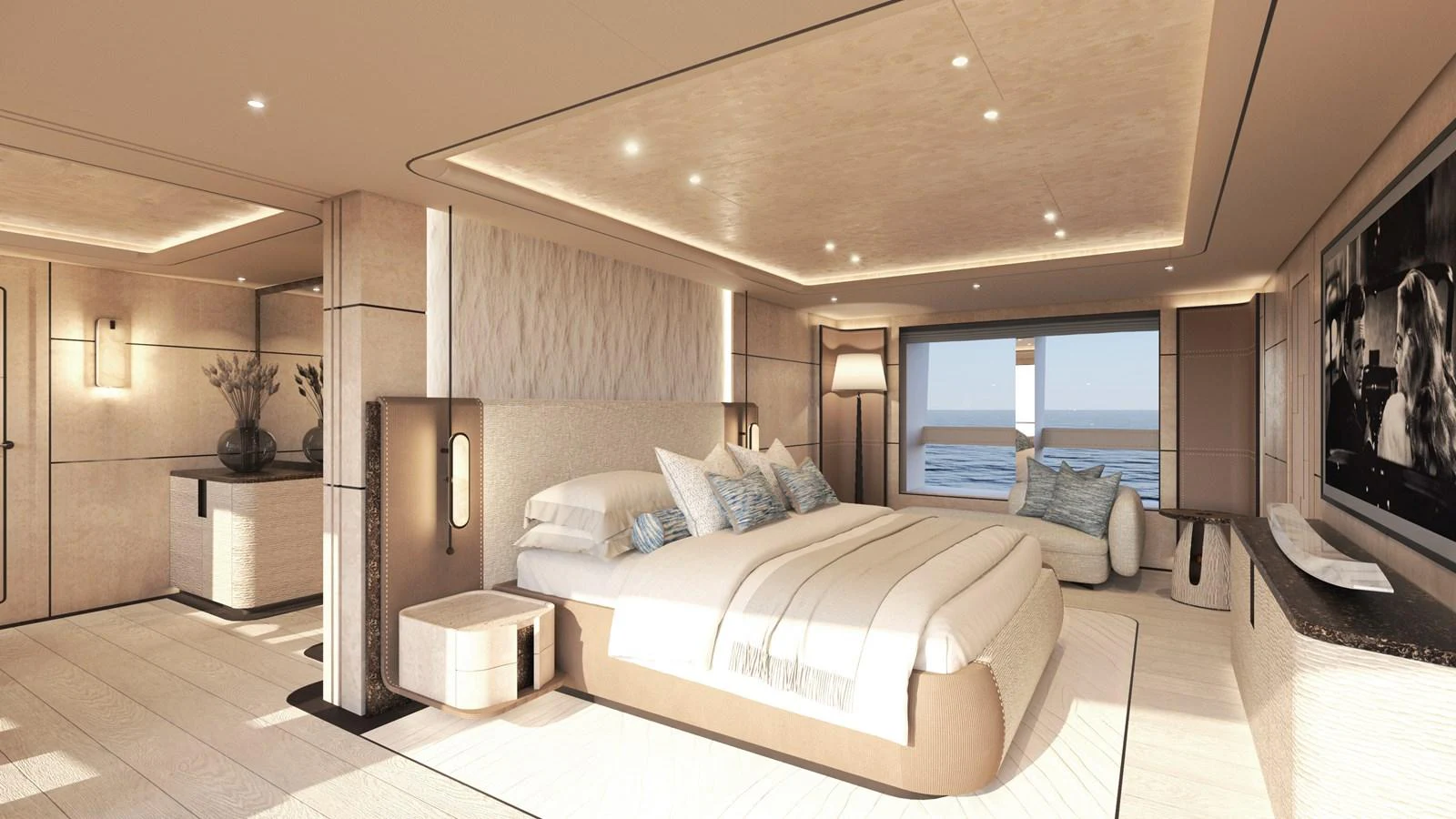 The master stateroom exudes luxury with its spacious layout, elegant decor, and stunning ocean views. aboard NUVOLARI LENARD 52 PLUS Yacht for Sale