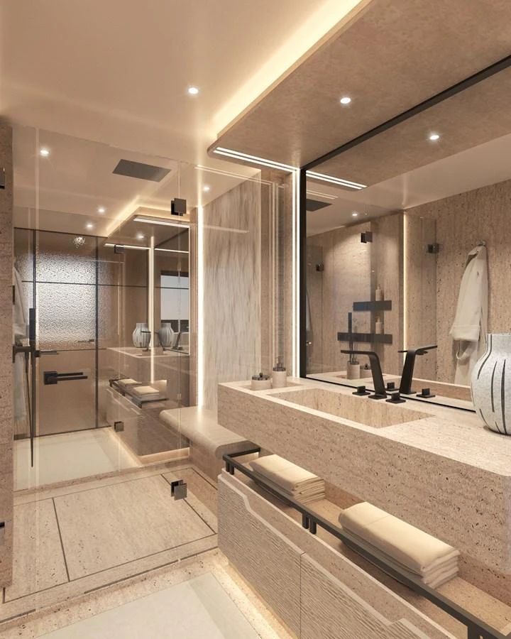The yacht's bathroom features a luxurious and modern design with elegant fixtures and ample lighting. aboard NUVOLARI LENARD 52 PLUS Yacht for Sale