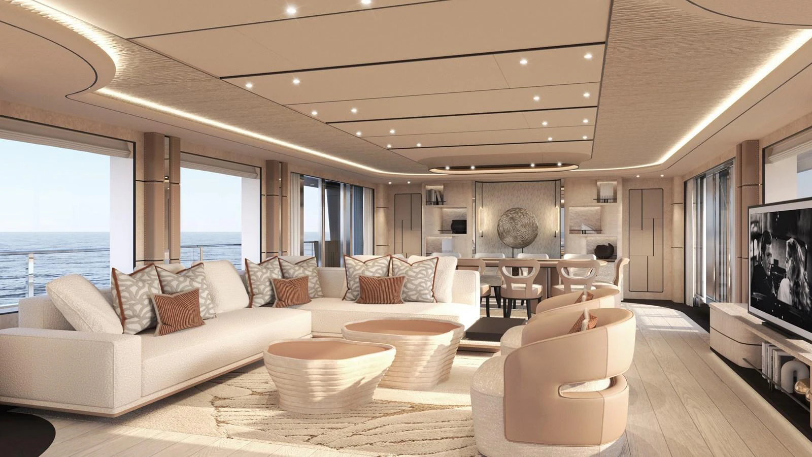 The salon features luxurious seating, modern decor, and expansive ocean views. aboard NUVOLARI LENARD 52 PLUS Yacht for Sale