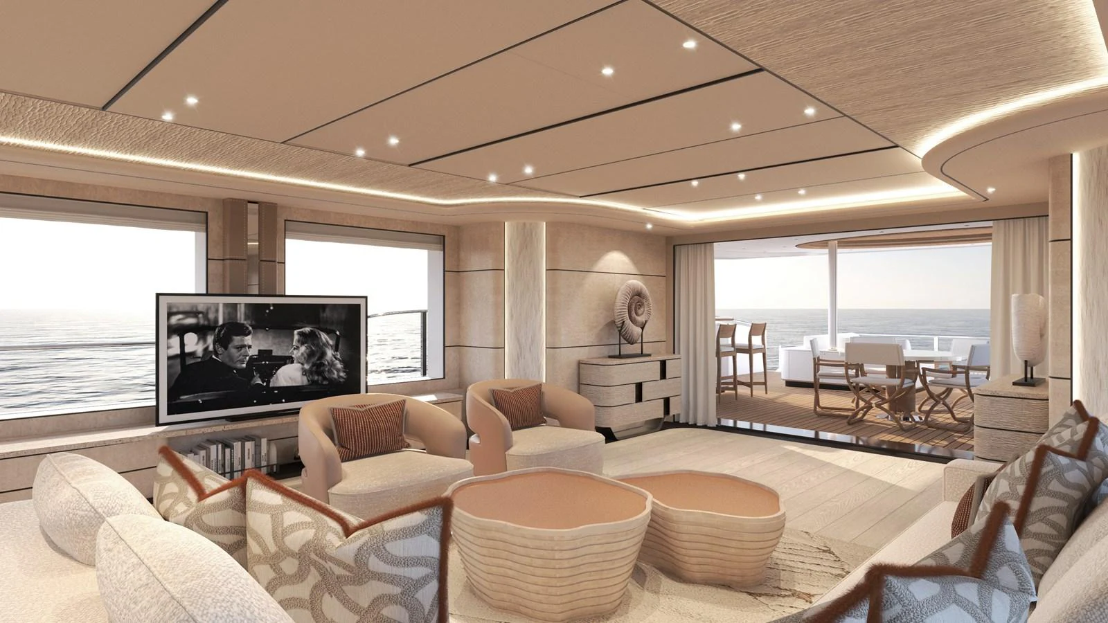 The yacht's salon offers a luxurious and spacious seating area with large windows providing stunning ocean views. aboard NUVOLARI LENARD 52 PLUS Yacht for Sale