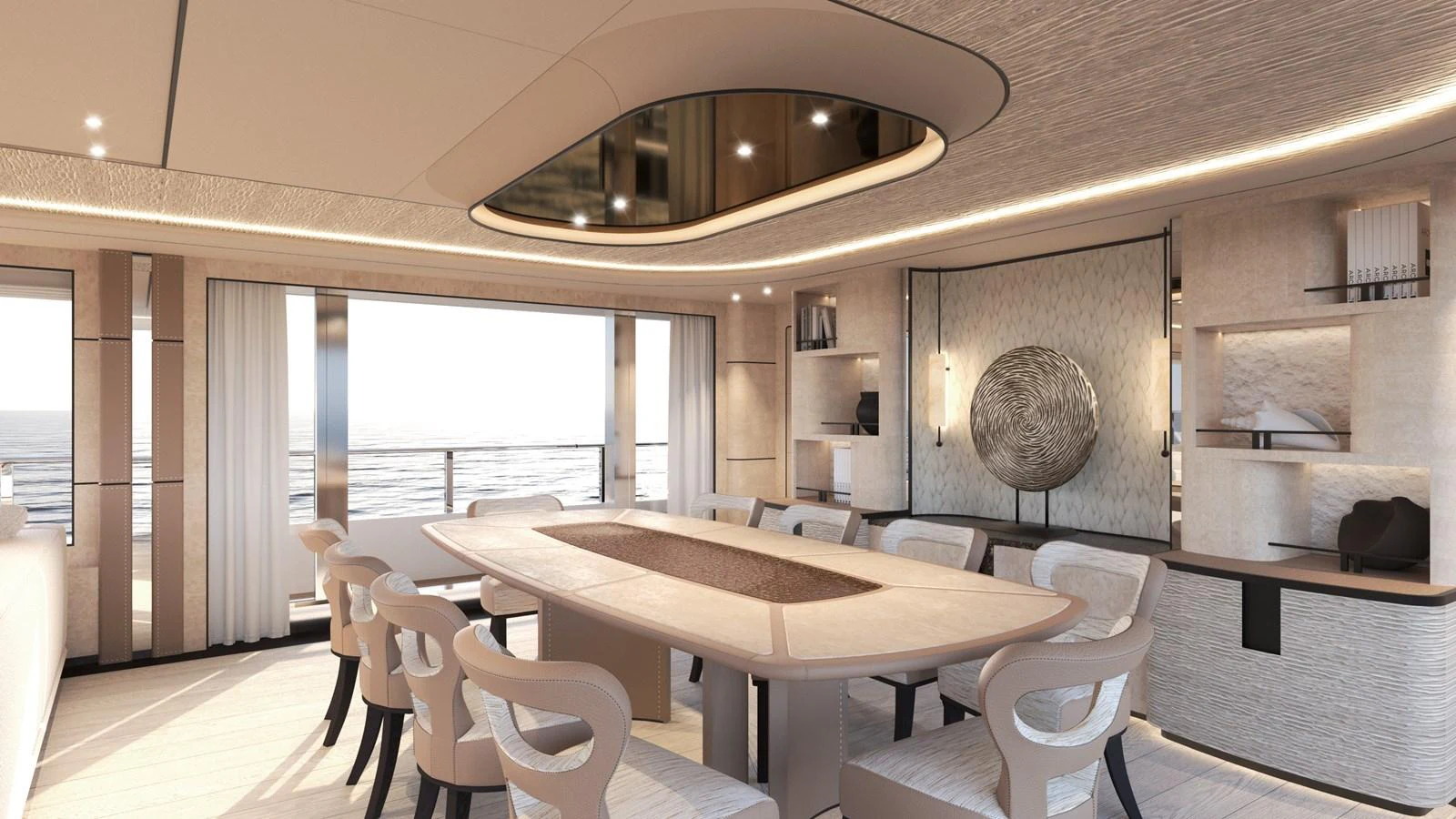 The yacht's dining area features elegant seating and a sophisticated design with ample natural light. aboard NUVOLARI LENARD 52 PLUS Yacht for Sale