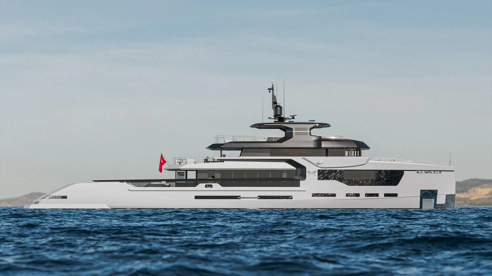A sleek and modern yacht glides on calm waters under a clear sky. aboard PETRA Yacht for Sale
