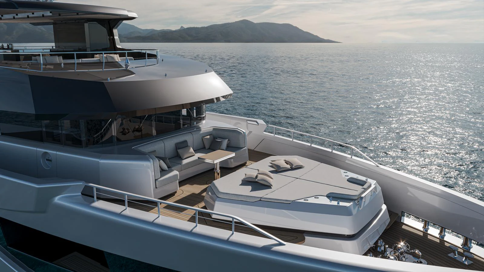 The foredeck of this yacht offers a luxurious lounging area with comfortable seating and sun pads, perfect for relaxation while cruising. aboard PETRA Yacht for Sale