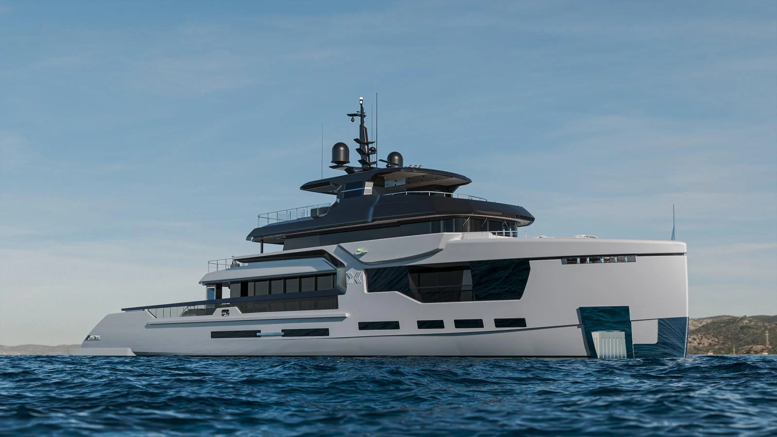 A sleek and modern yacht cruising on calm waters under a clear sky. aboard PETRA Yacht for Sale