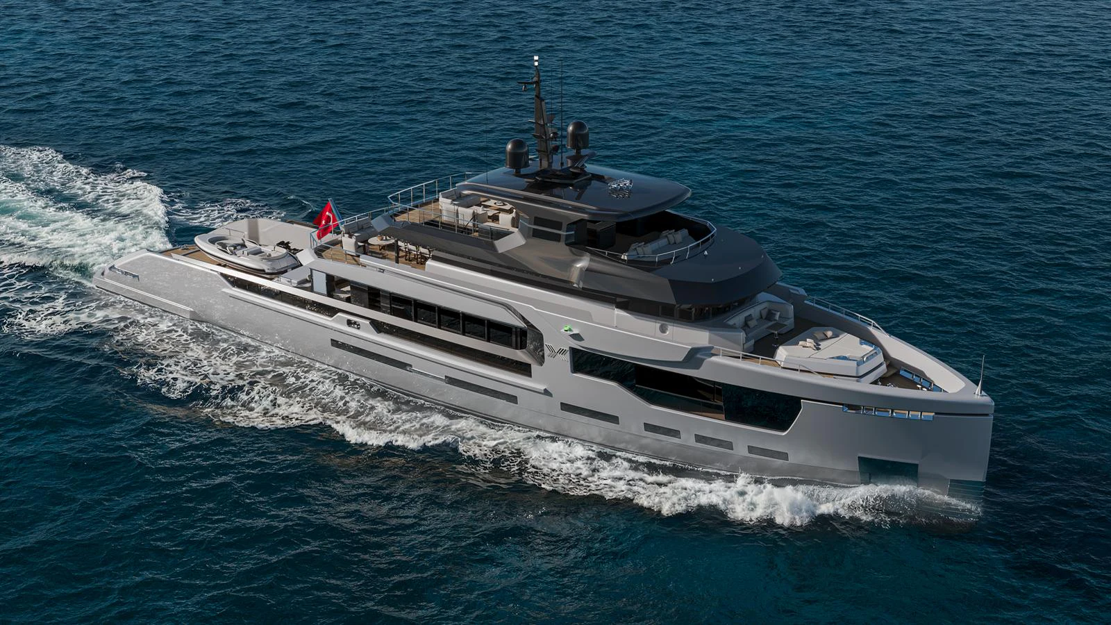 A sleek and modern yacht cruising through the open sea. aboard PETRA Yacht for Sale