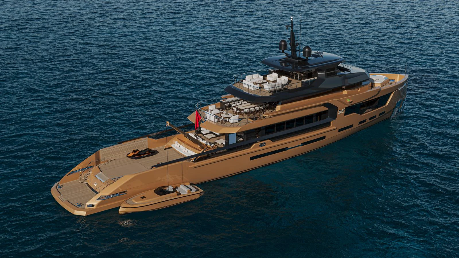 A sleek, modern yacht with multiple decks and a tender on the water. aboard PETRA Yacht for Sale