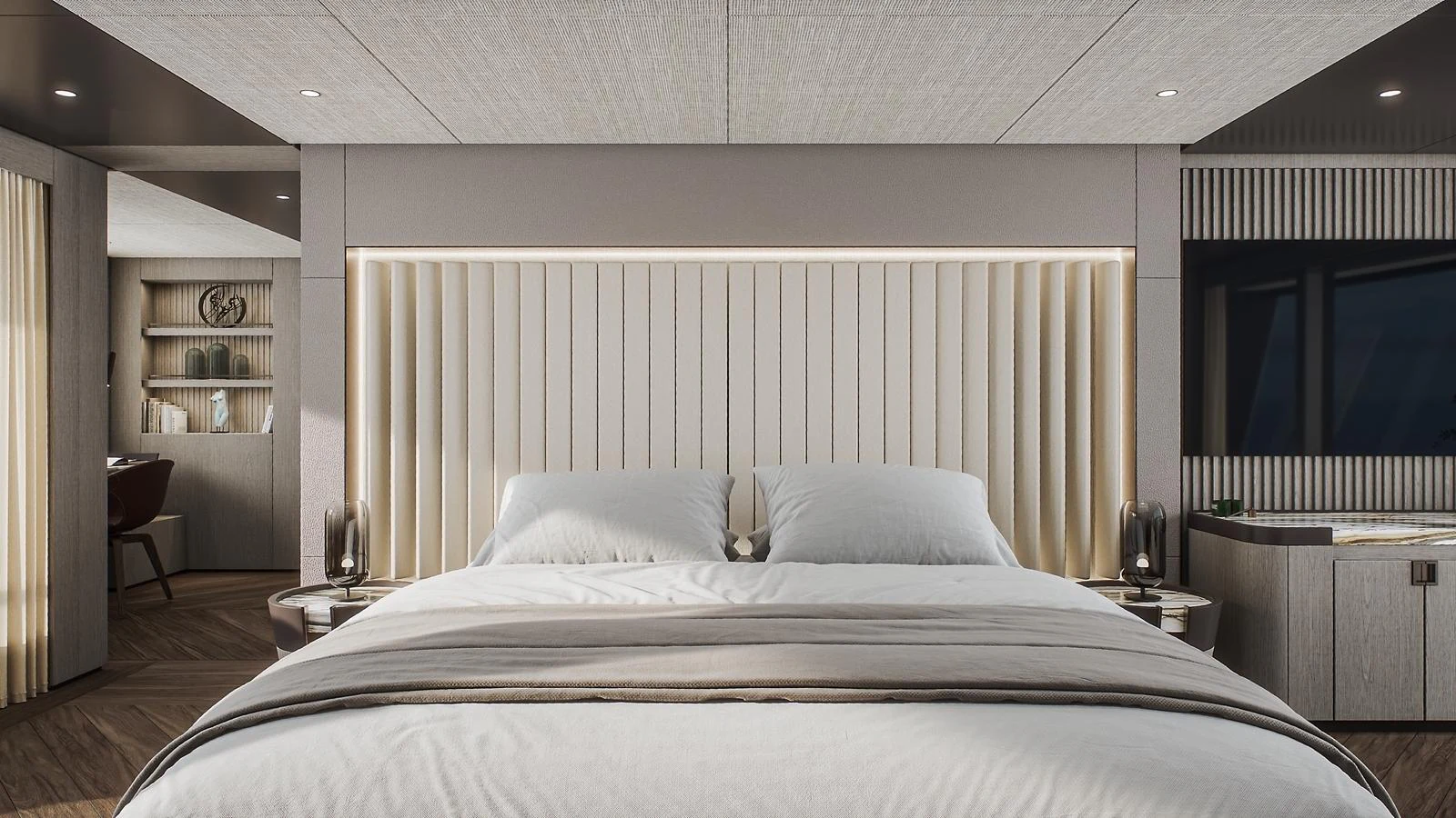 The master stateroom exudes luxury with its plush bedding and elegant design. aboard PETRA Yacht for Sale