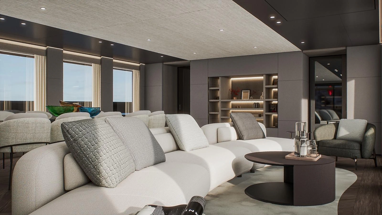 The salon features a spacious and modern design with plush seating and elegant decor. aboard PETRA Yacht for Sale