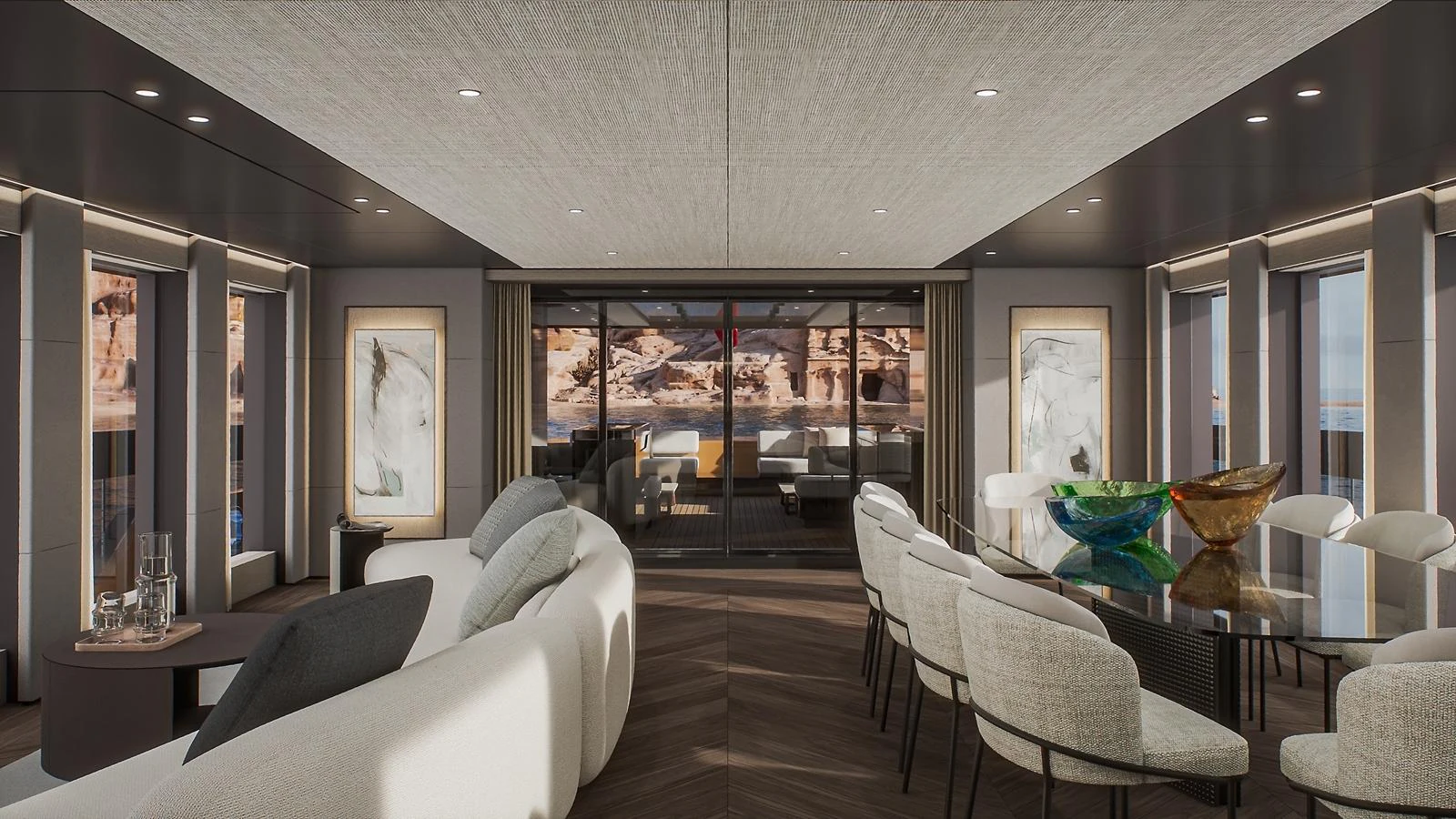 The salon features a spacious and elegantly designed seating and dining area with large windows offering stunning views. aboard PETRA Yacht for Sale
