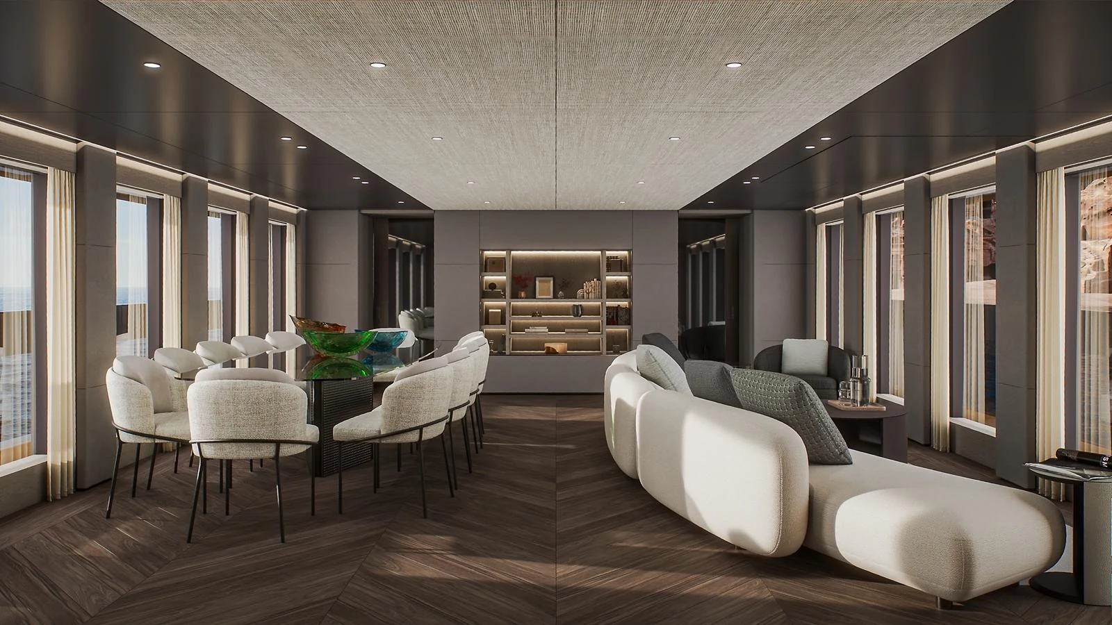 The yacht's interior features a spacious and elegantly designed living and dining area with modern furnishings. aboard PETRA Yacht for Sale