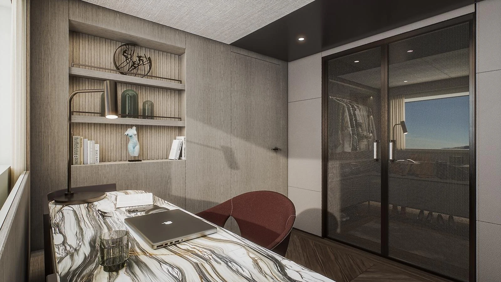 A sophisticated yacht office featuring a marble desk, modern decor, and ample natural light. aboard PETRA Yacht for Sale