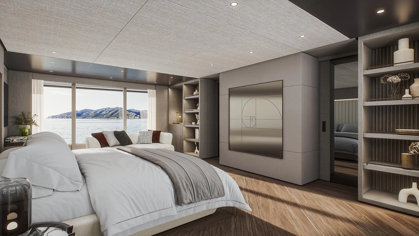 The master stateroom offers a luxurious and spacious retreat with stunning ocean views. aboard PETRA Yacht for Sale