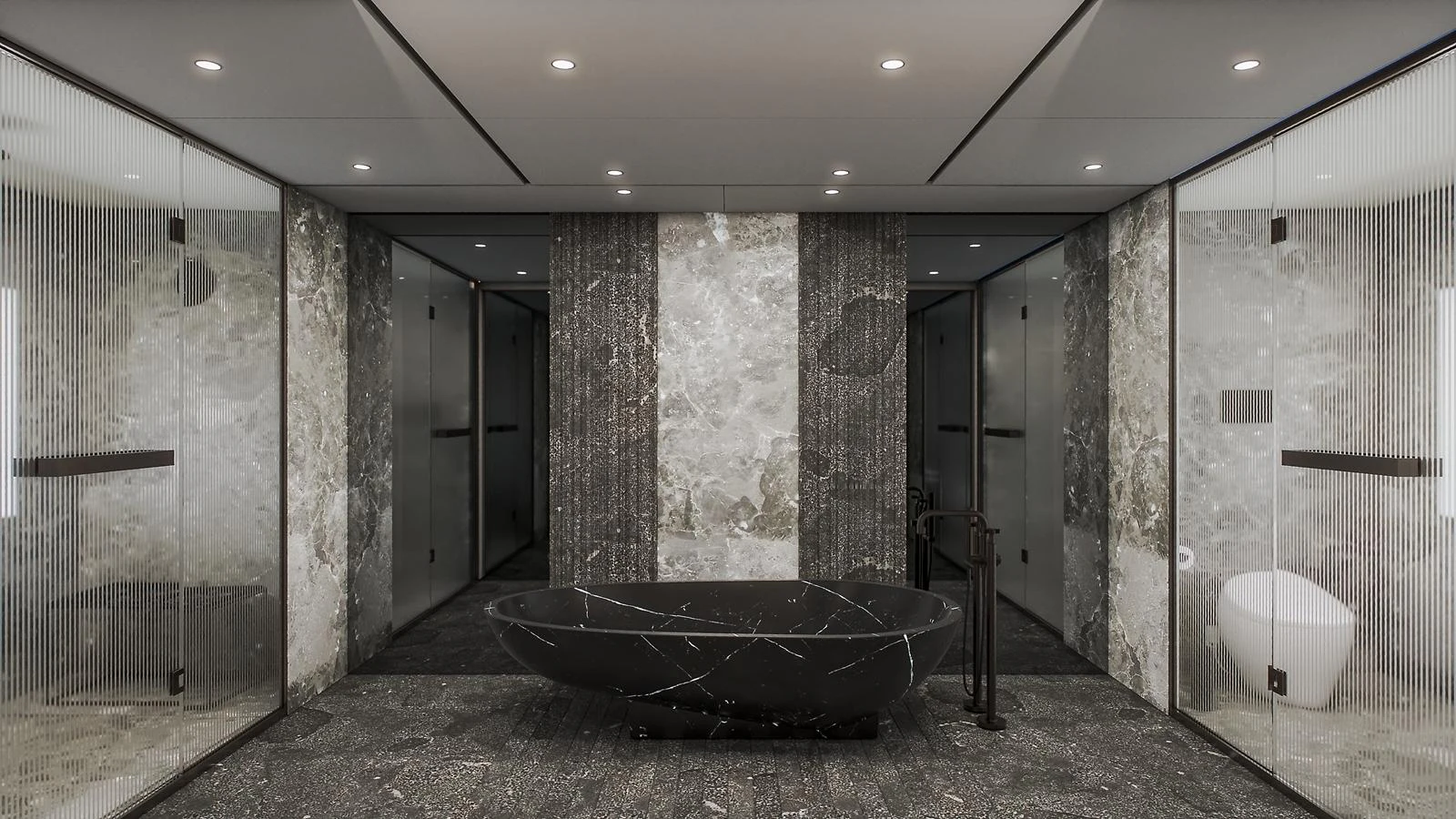 A luxurious bathroom featuring a sleek black marble bathtub and modern design elements. aboard PETRA Yacht for Sale