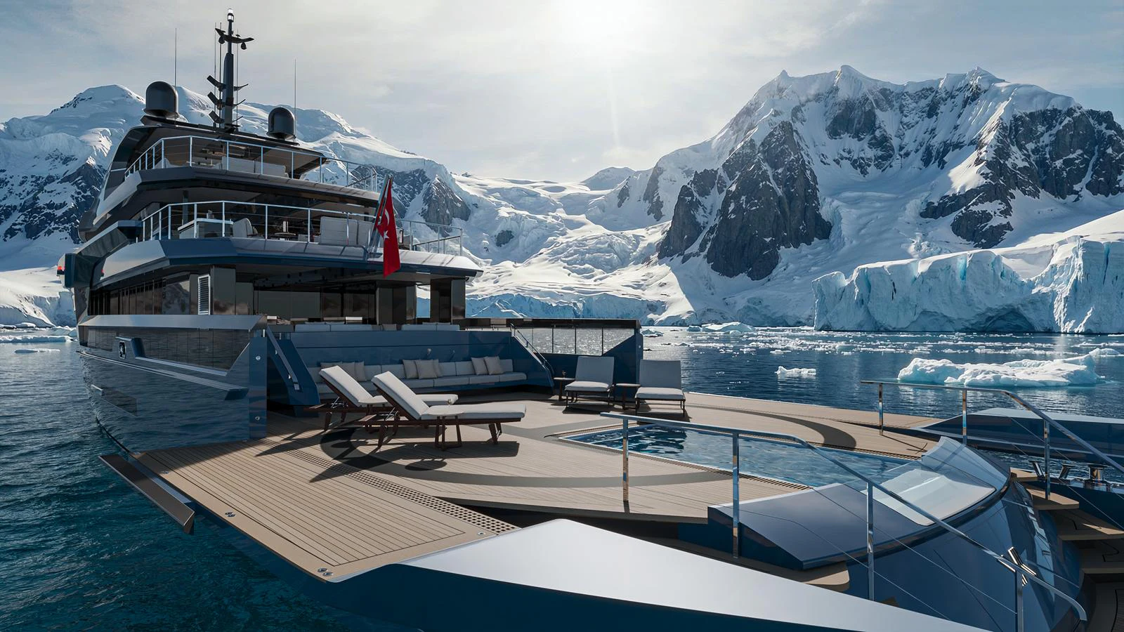 The yacht's aft deck offers luxurious lounging with breathtaking views of icy mountains and glaciers. aboard PETRA Yacht for Sale