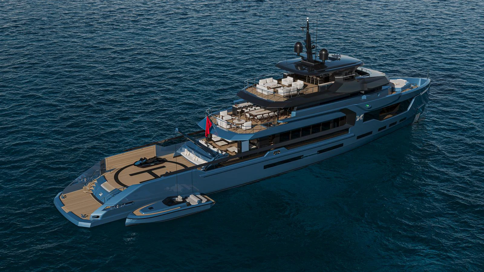 A sleek and modern yacht glides gracefully on the open water, showcasing its luxurious design and spacious decks. aboard PETRA Yacht for Sale