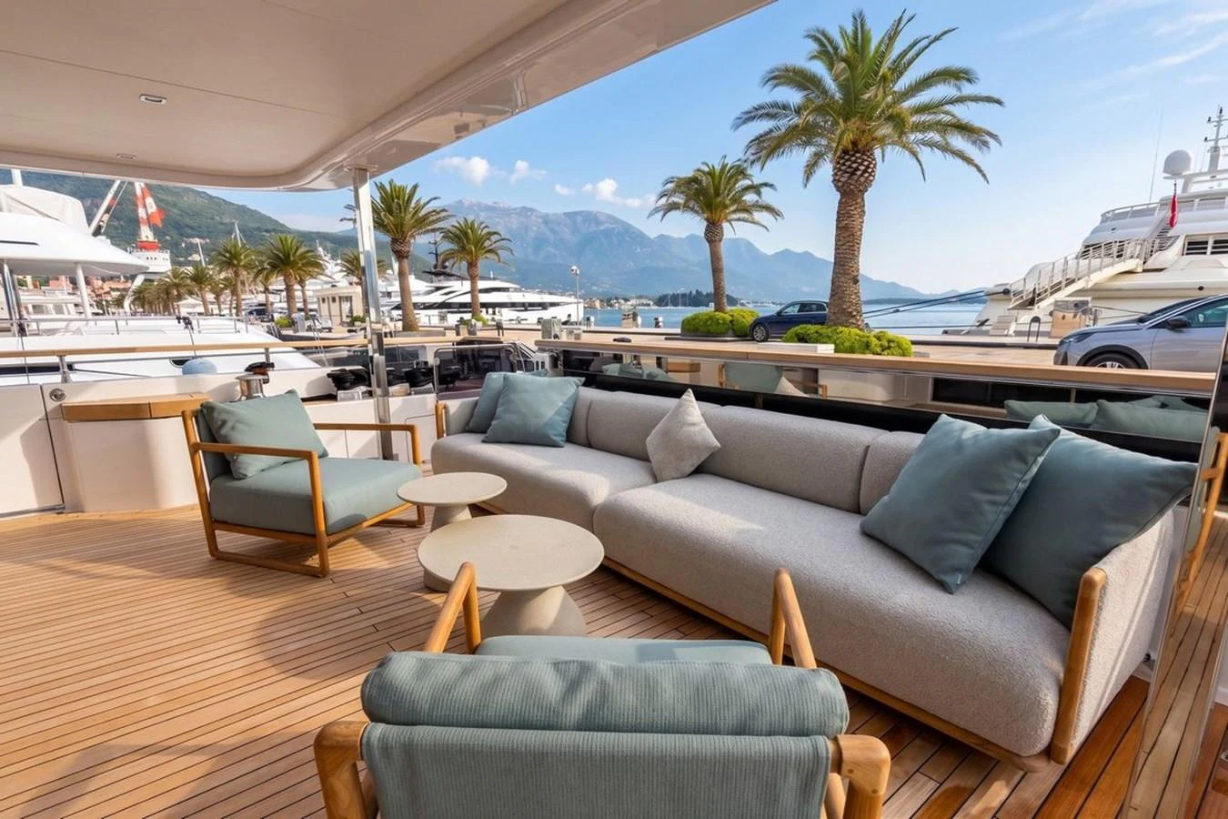 The aft deck offers a luxurious lounging area with comfortable seating and stunning marina views. aboard ALBUS Yacht for Sale