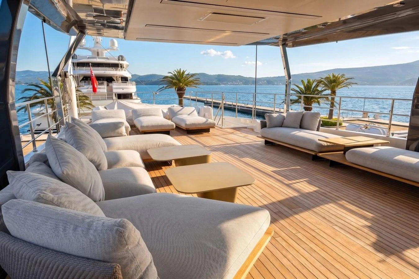 The aft deck offers a luxurious lounging area with plush seating and stunning ocean views. aboard ALBUS Yacht for Sale