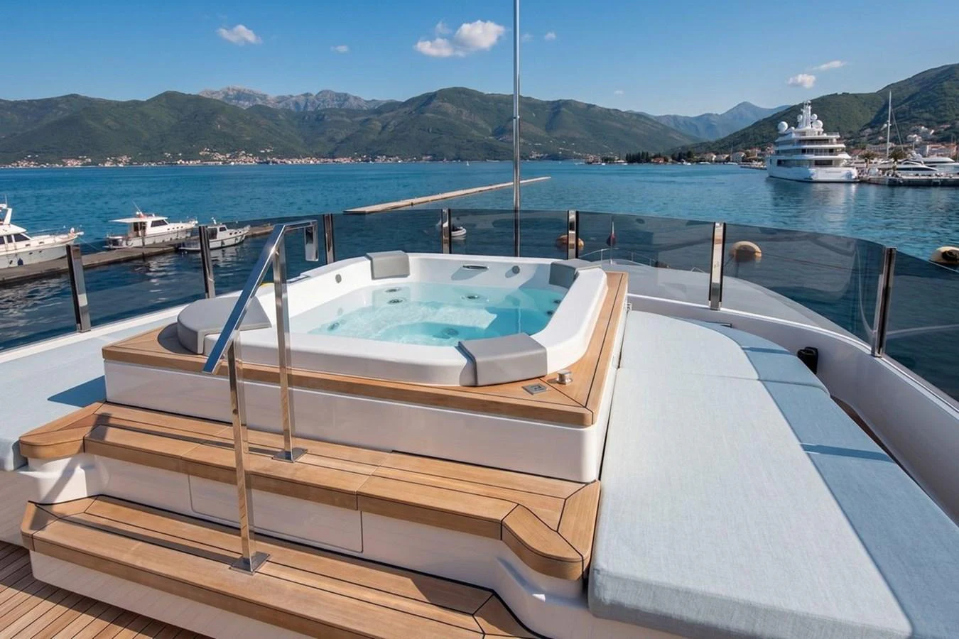 The sundeck features a luxurious jacuzzi with stunning views of the surrounding waters and mountains. aboard ALBUS Yacht for Sale
