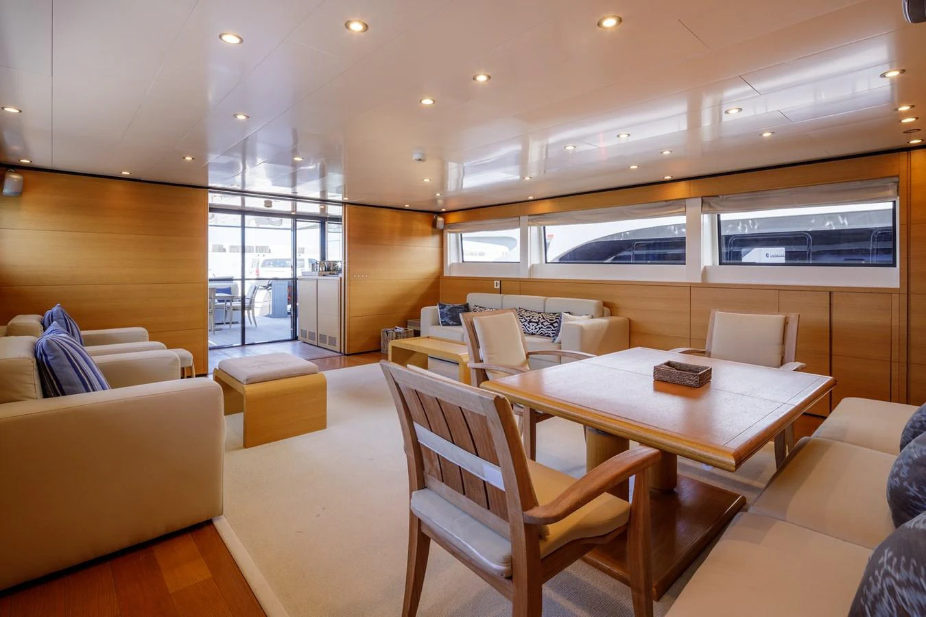 The salon offers a spacious and inviting area with ample seating and natural light. aboard BOLARO Yacht for Sale