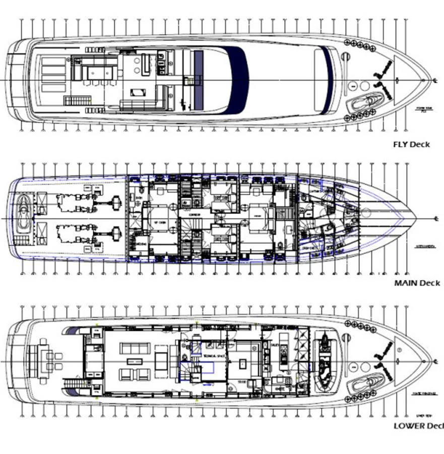 Detailed deck plans showcasing the layout of the fly deck, main deck, and lower deck. aboard BOLARO Yacht for Sale