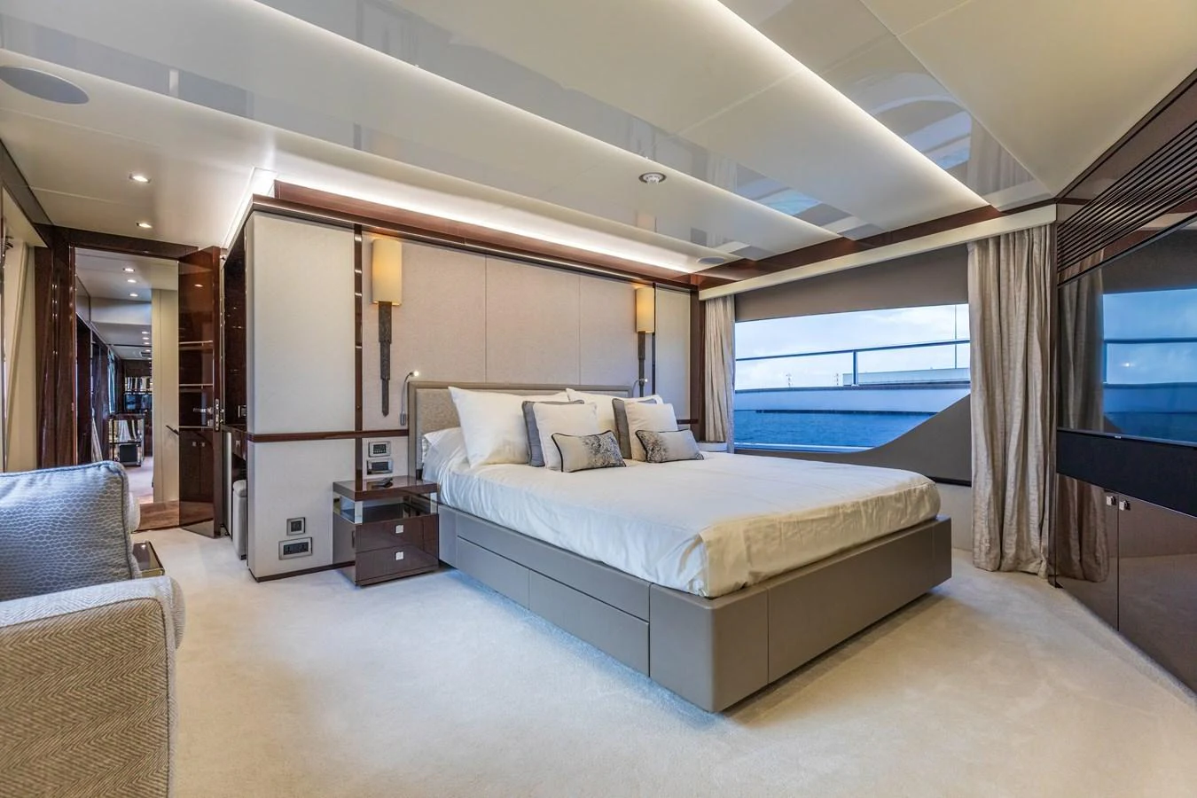 The master stateroom offers a spacious and luxurious retreat with modern furnishings and ample natural light. aboard CLOUDIA Yacht for Sale