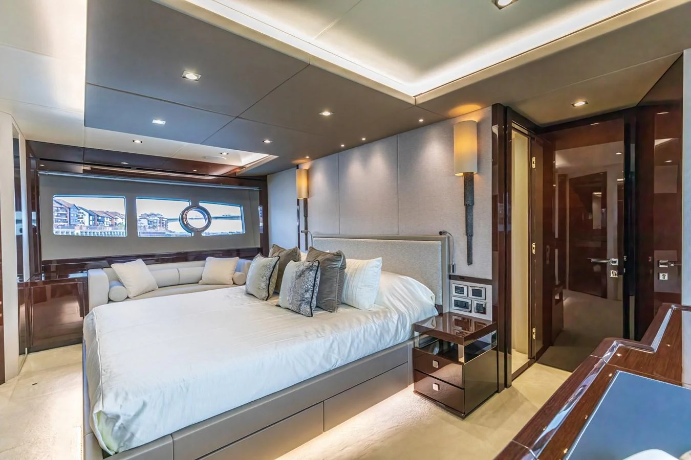 The master stateroom offers a luxurious and spacious retreat with elegant decor and ample natural light. aboard CLOUDIA Yacht for Sale