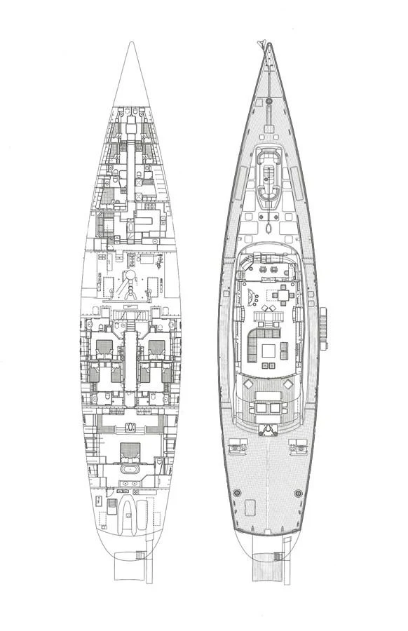 This image displays the detailed deck plan of a yacht, showcasing both the interior layout and exterior deck arrangement. aboard SQUALL Yacht for Sale