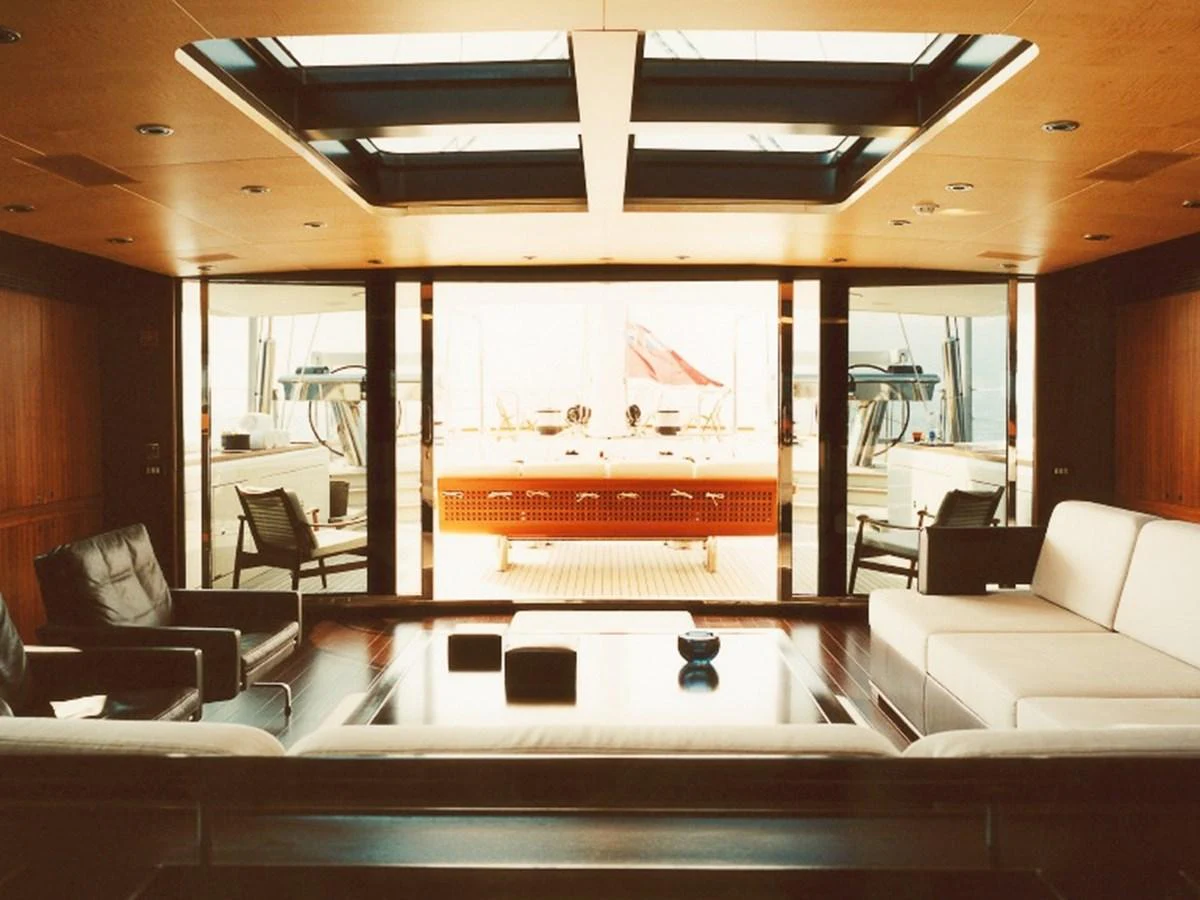 The salon offers a spacious and elegant area with ample natural light and modern furnishings. aboard SQUALL Yacht for Sale