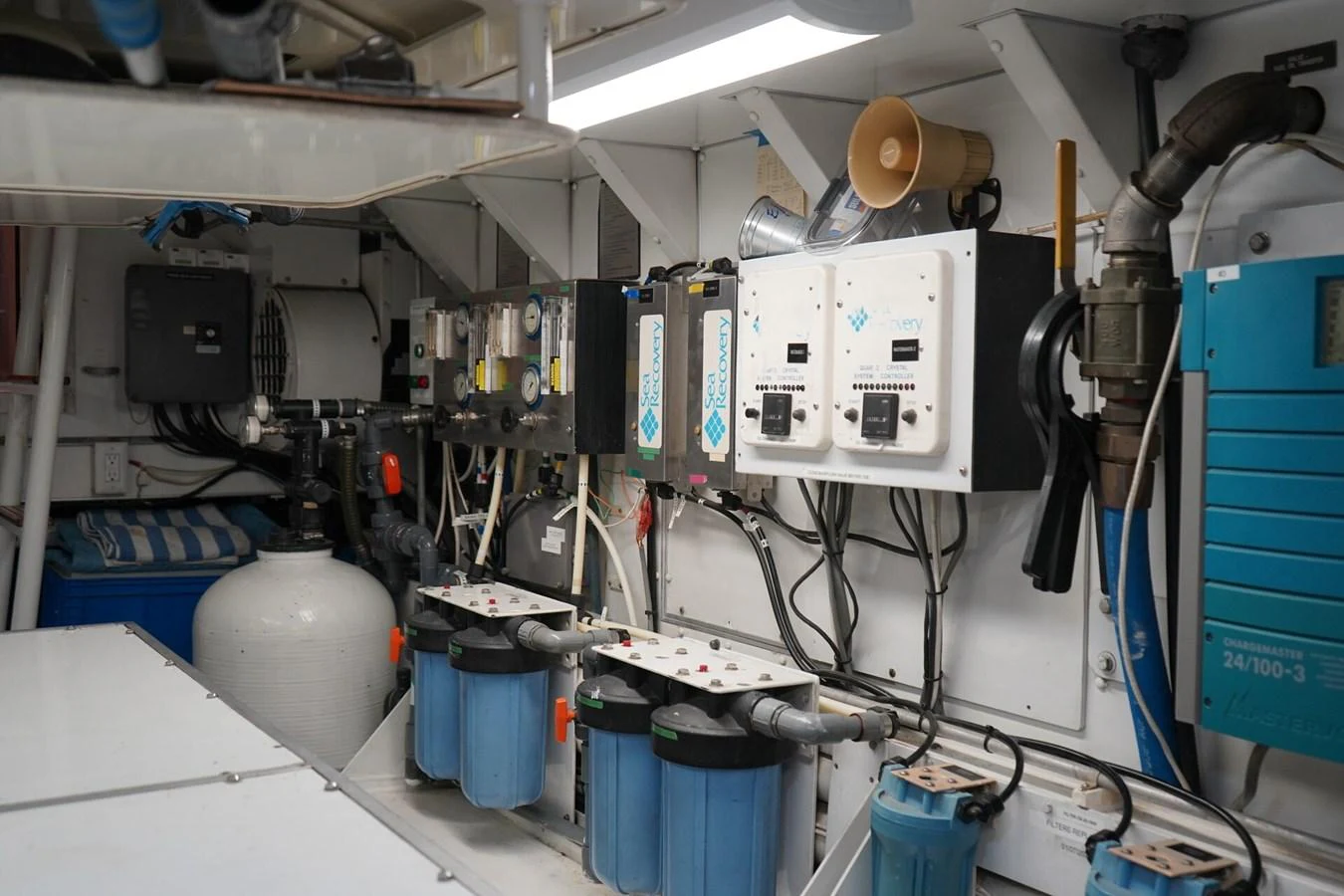 The image showcases the technical and mechanical components within the yacht's engine room. aboard KNICKERBOCKER Yacht for Sale