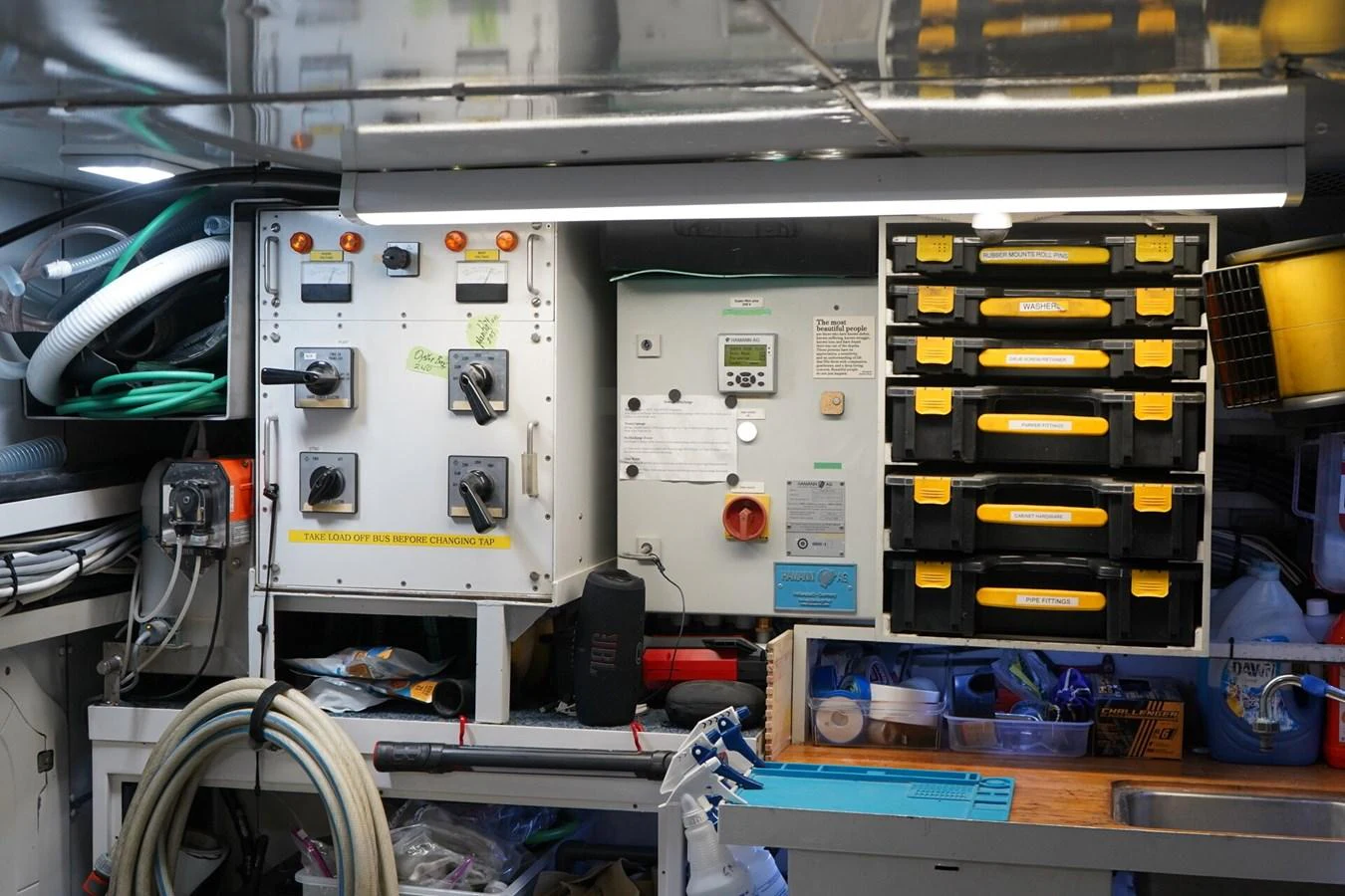 The image showcases the organized and well-equipped engine room of the yacht. aboard KNICKERBOCKER Yacht for Sale