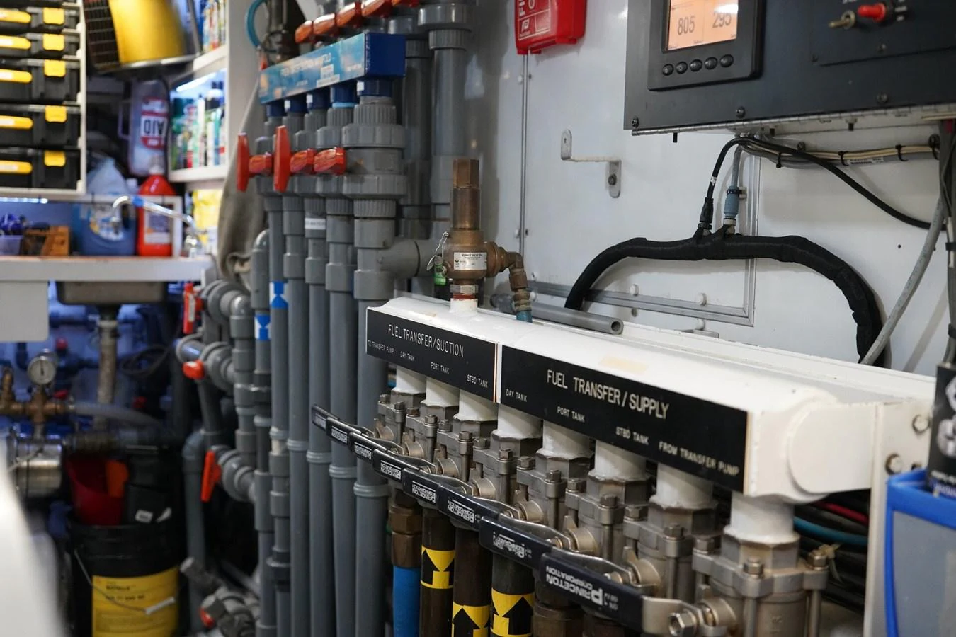 The image showcases the technical and mechanical area of the yacht, highlighting the fuel transfer and supply system. aboard KNICKERBOCKER Yacht for Sale