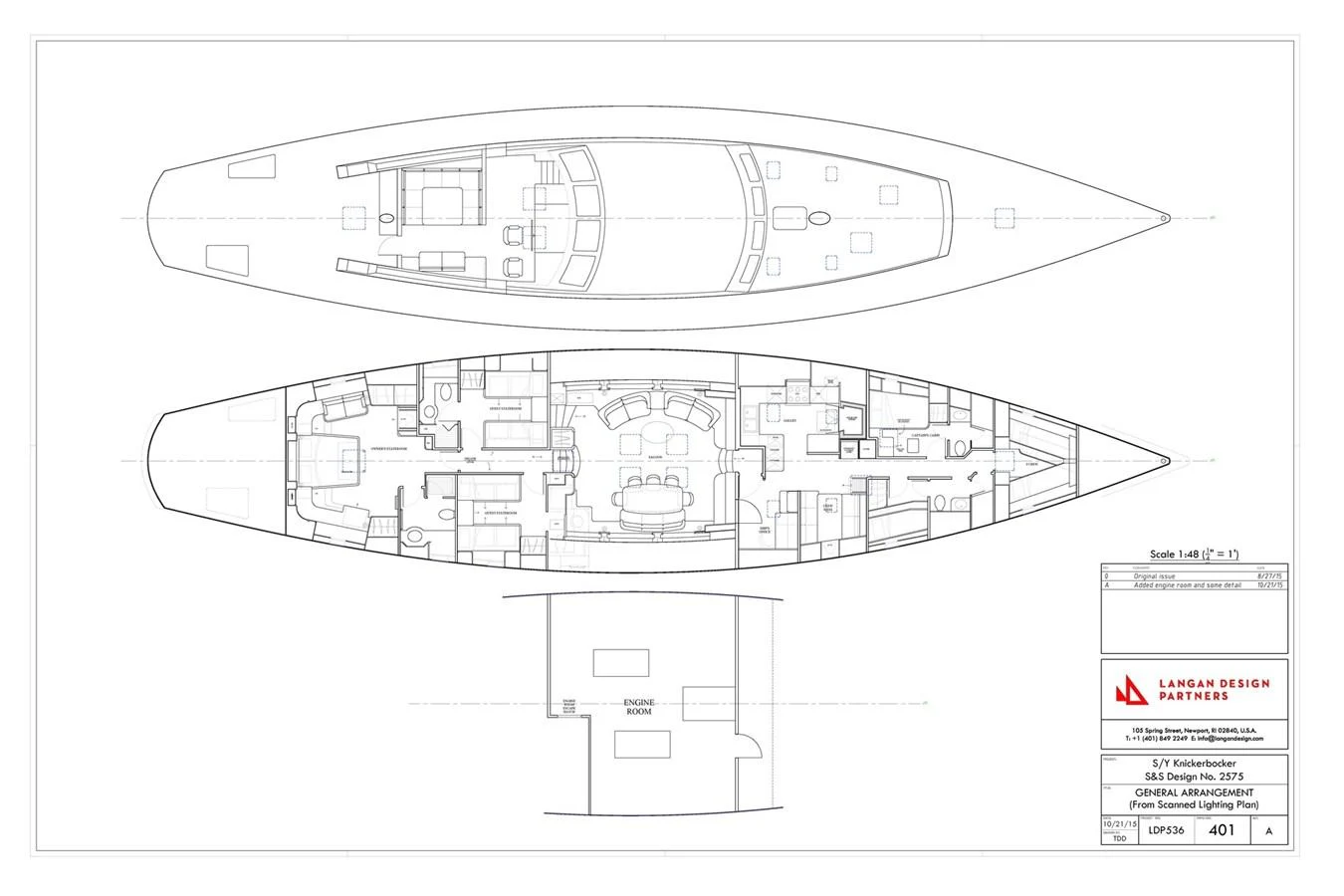 This image showcases the detailed blueprint of a yacht, highlighting its layout and design. aboard KNICKERBOCKER Yacht for Sale