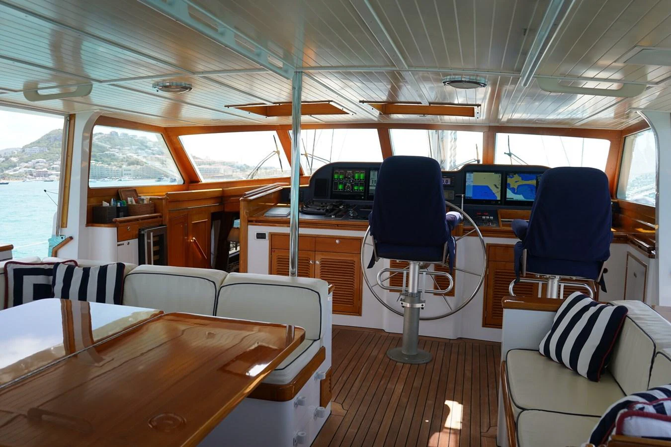 The helm area features a spacious layout with comfortable seating and advanced navigation equipment. aboard KNICKERBOCKER Yacht for Sale