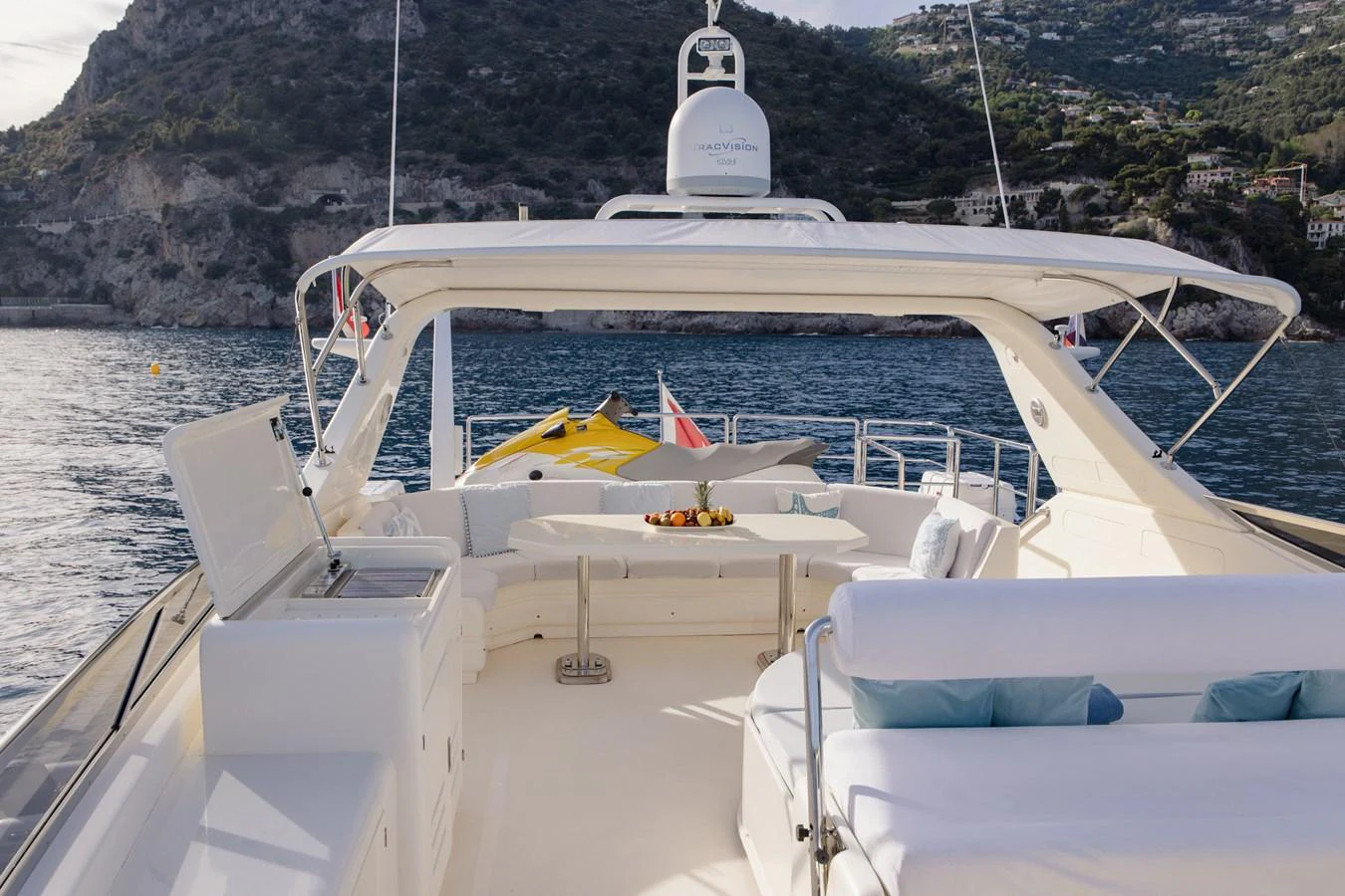 The flybridge offers a spacious and inviting area with comfortable seating and stunning views of the surrounding waters. aboard LADY MAUREEN Yacht for Sale