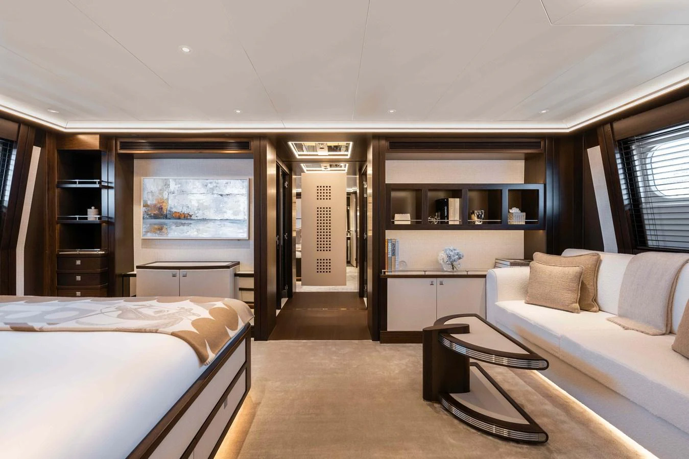 The master stateroom exudes luxury with its spacious layout, modern furnishings, and elegant decor. aboard AURA Yacht for Sale
