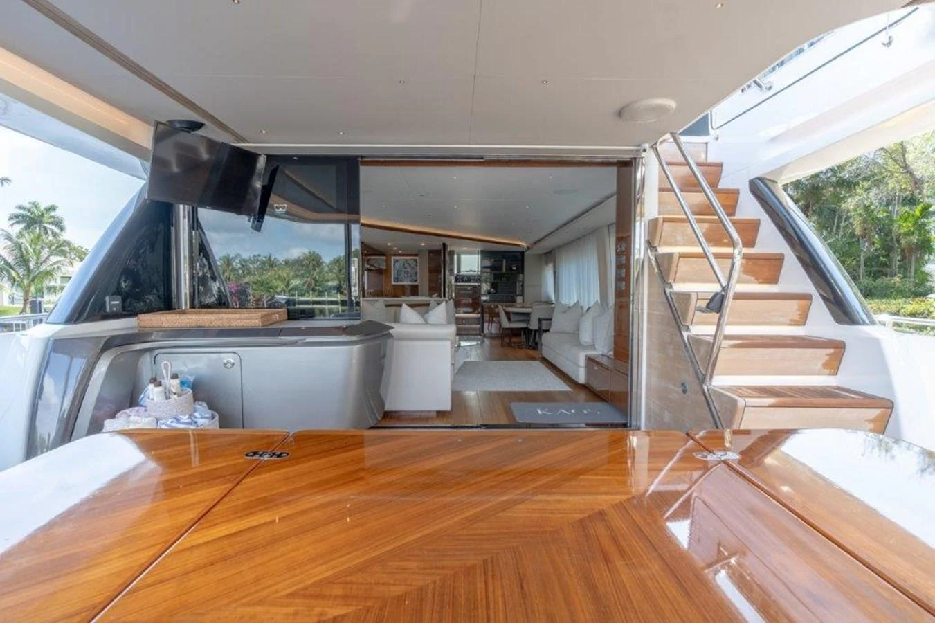 The yacht's salon offers a spacious and inviting area with elegant furnishings and ample natural light. aboard KAOS Yacht for Sale