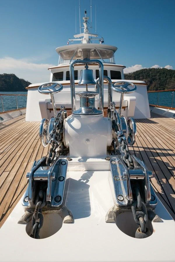 The foredeck showcases polished anchor windlasses and chains against a backdrop of clear skies and serene waters. aboard PASSAGE Yacht for Sale