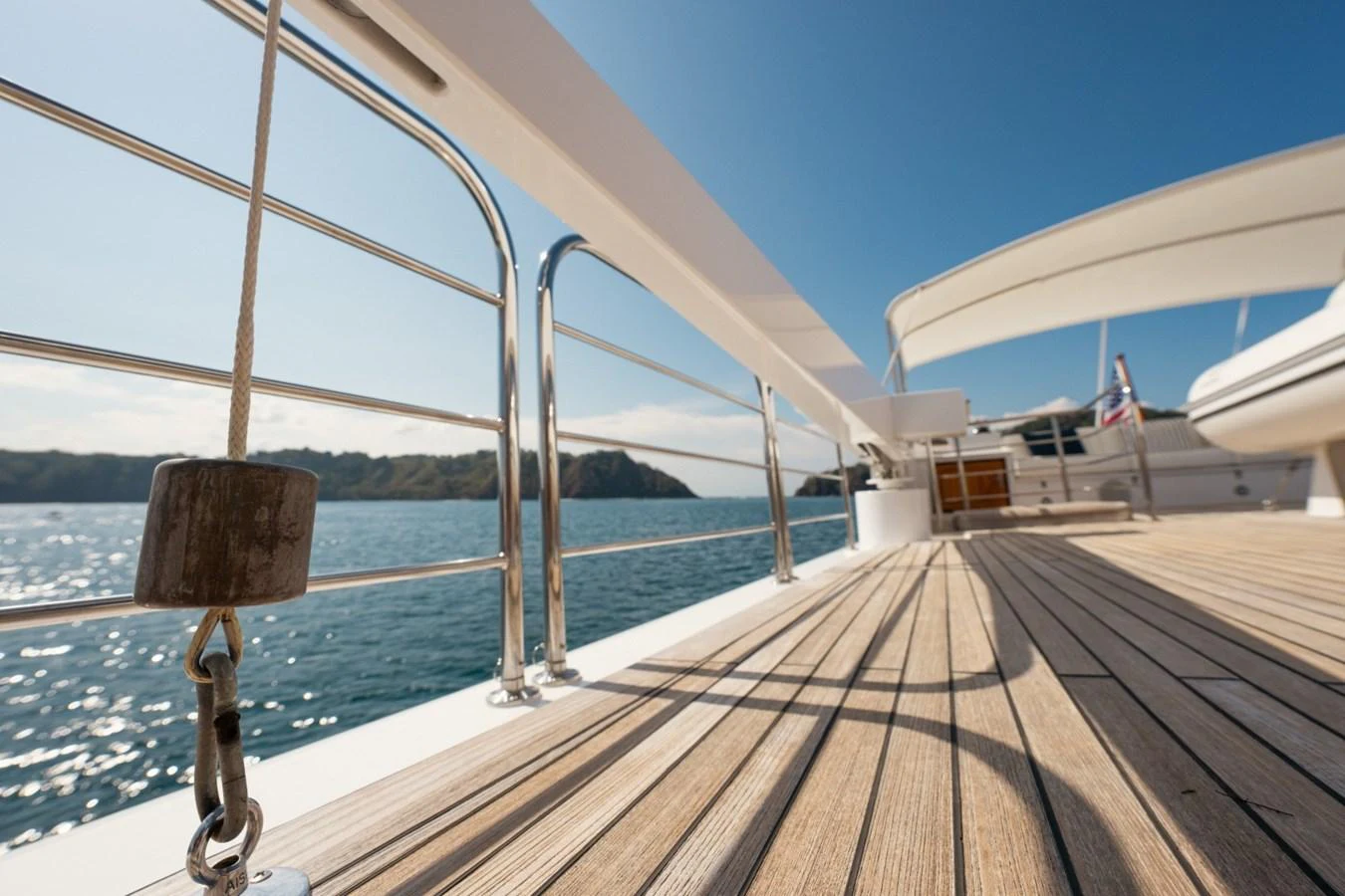 The yacht's deck offers a serene and spacious area with stunning views of the surrounding waters. aboard PASSAGE Yacht for Sale
