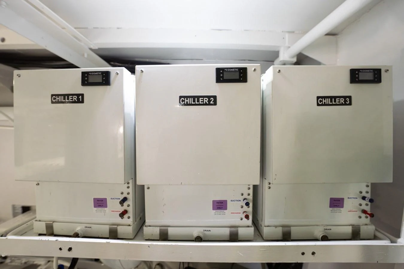 The image shows three chiller units labeled Chiller 1, Chiller 2, and Chiller 3, essential for the yacht's climate control system. aboard PASSAGE Yacht for Sale
