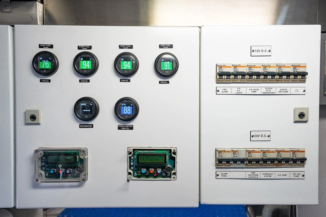 A close-up view of the yacht's electrical control panel, showcasing various gauges and circuit breakers. aboard PASSAGE Yacht for Sale