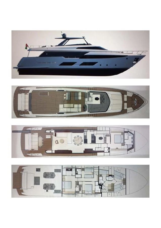 A sleek yacht profile with detailed deck plans showcasing multiple levels and amenities. aboard ALEGRIA II Yacht for Sale