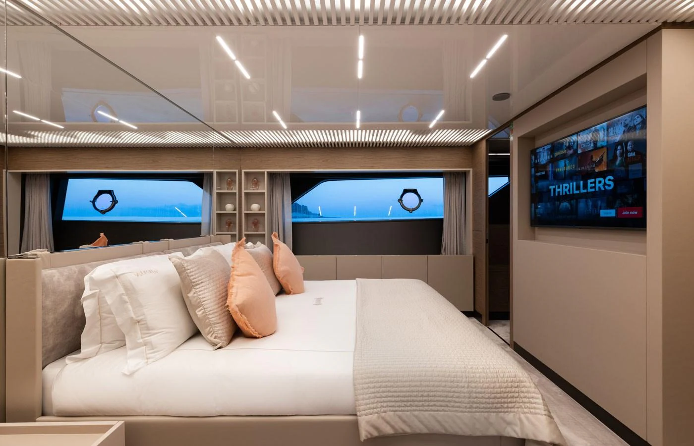 The master stateroom offers a luxurious and serene retreat with modern amenities and elegant design. aboard ALEGRIA II Yacht for Sale