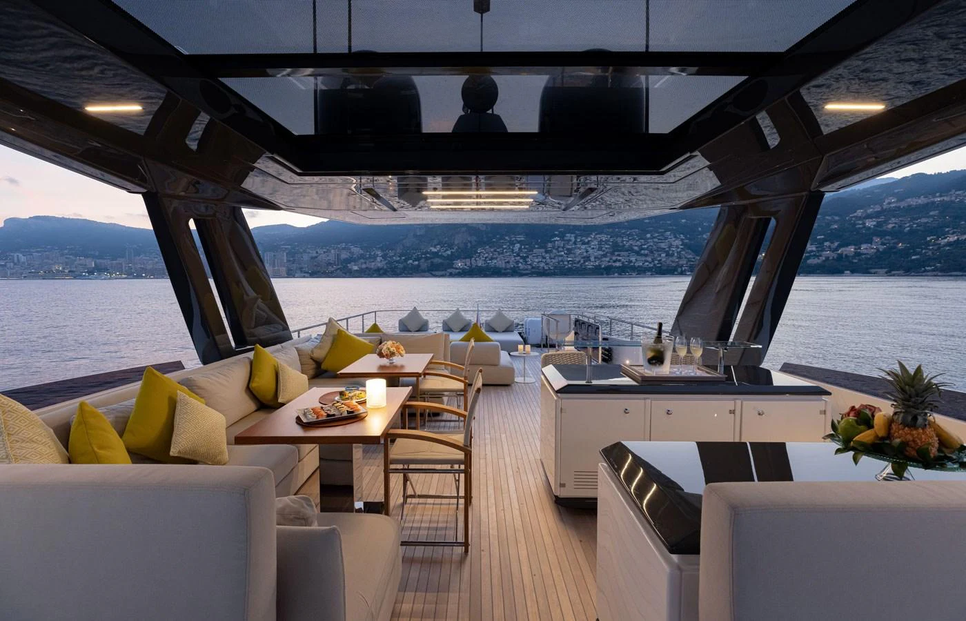 The aft deck offers a luxurious and spacious area for relaxation with stunning views over the water. aboard ALEGRIA II Yacht for Sale