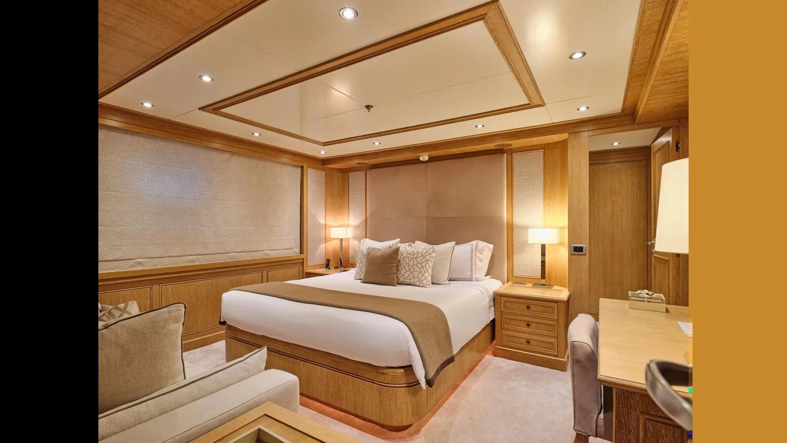 The master stateroom features a spacious and elegantly designed sleeping area with luxurious furnishings. aboard THEOLINA Yacht for Sale