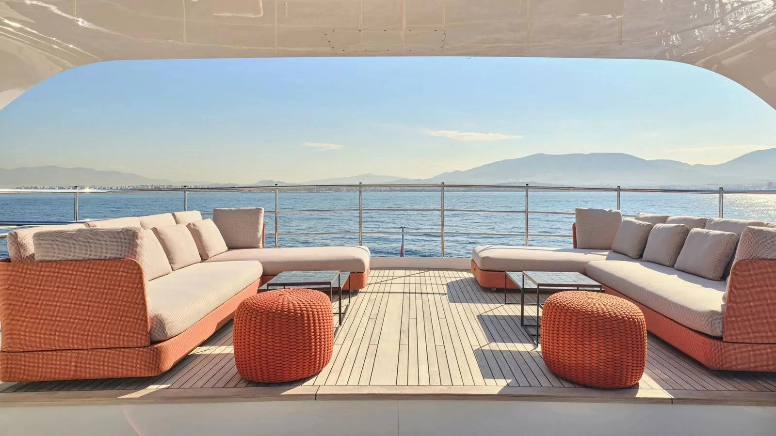 The aft deck features luxurious seating with panoramic ocean views. aboard THEOLINA Yacht for Sale