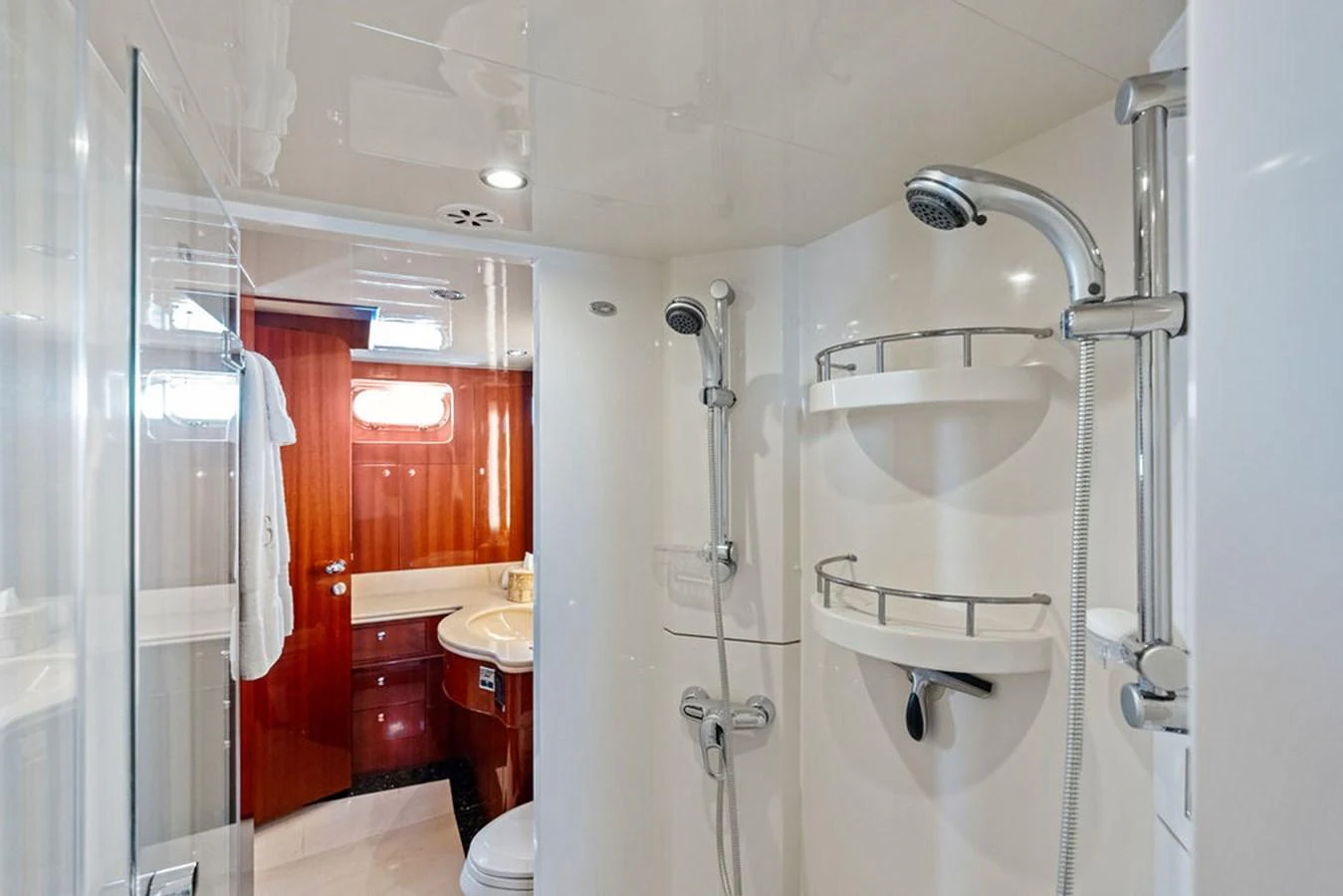 The yacht's bathroom features modern fixtures and a sleek design. aboard BABE Yacht for Sale