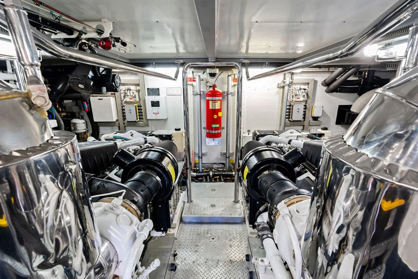 The image showcases the well-maintained engine room of the yacht, highlighting its advanced machinery and equipment. aboard BABE Yacht for Sale