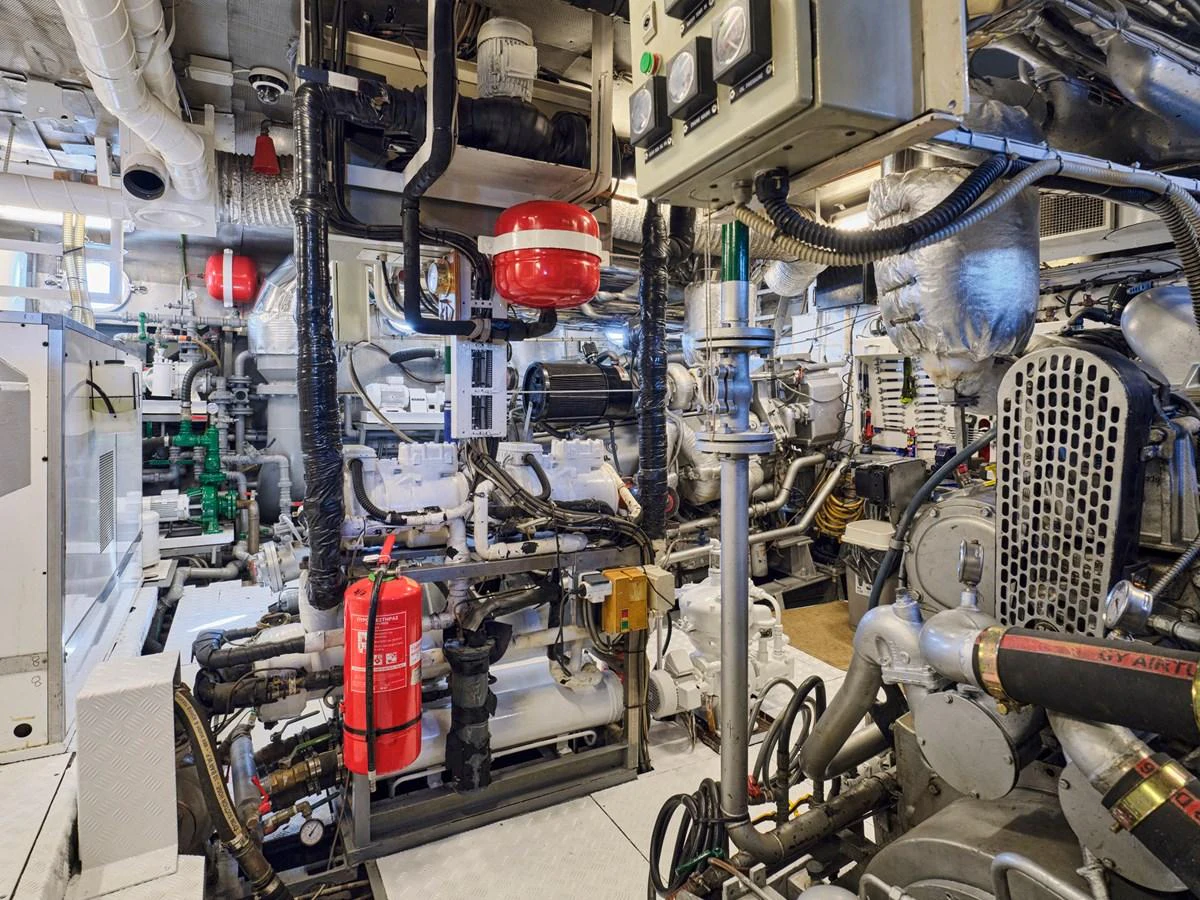 The engine room showcases the yacht's advanced mechanical systems and equipment. aboard RESINA Yacht for Sale
